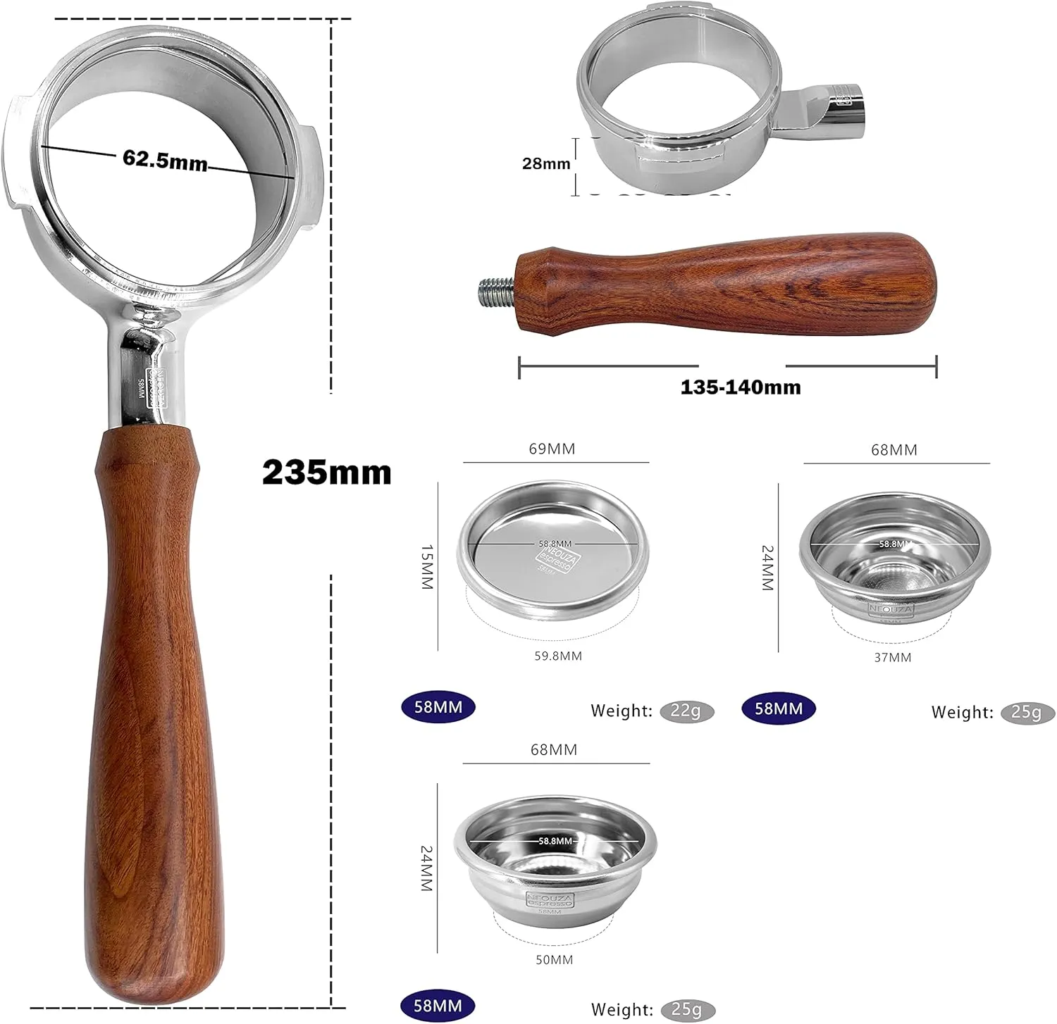 NEOUZA 58mm Bottomless Portafilter Set for Espresso Coffee Machine Compatible with Expobar Gemilai Rocket Rancilio E61 Group 304 Stainless Steel Two Ears,Fillter Basket, Spoon,Tamper Mat,Brush