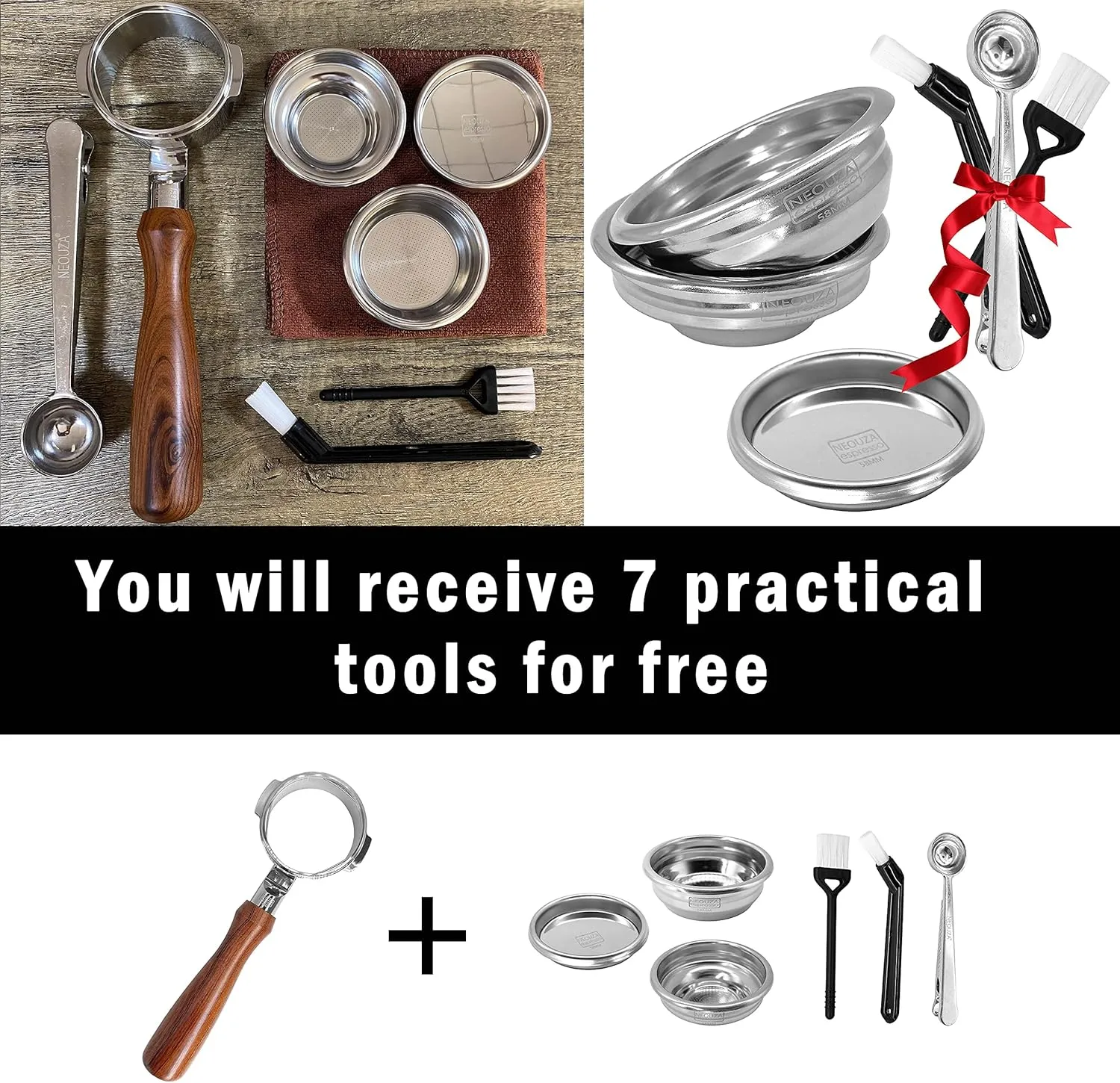 NEOUZA 58mm Bottomless Portafilter Set for Espresso Coffee Machine Compatible with Expobar Gemilai Rocket Rancilio E61 Group 304 Stainless Steel Two Ears,Fillter Basket, Spoon,Tamper Mat,Brush
