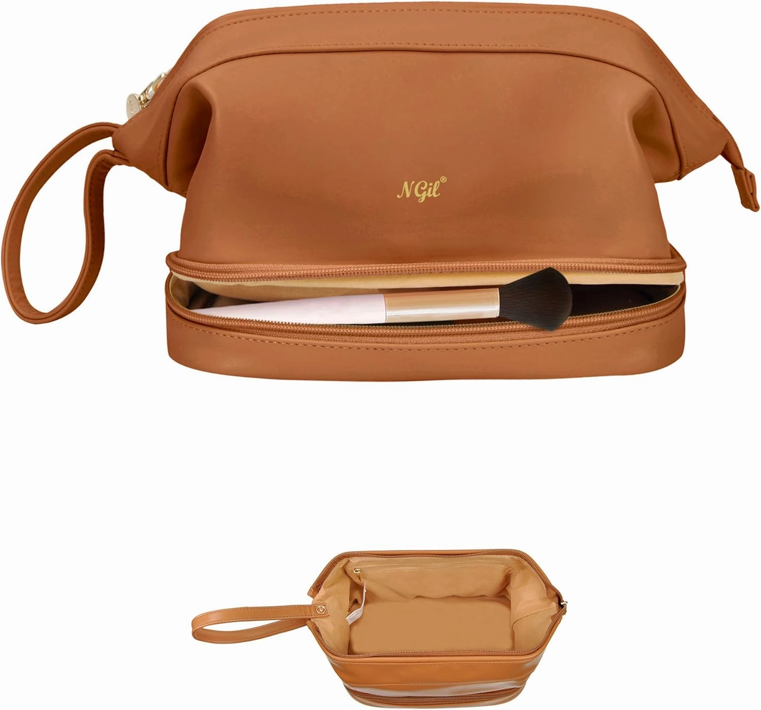 NGIL Faux Leather Cosmetic Bag for Women, Makeup Bag Organizer, Makeup Brush Storage, Portable Travel Bag for Toiletries (Solid, Brown, Medium)