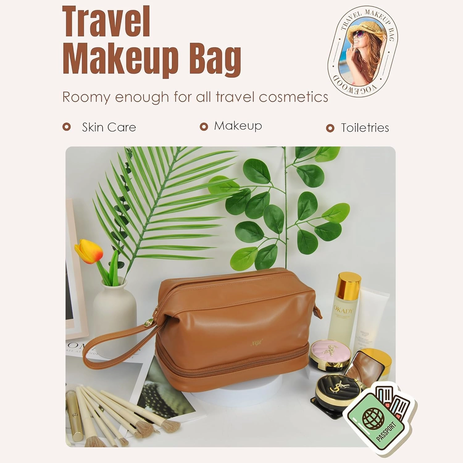 NGIL Faux Leather Cosmetic Bag for Women, Makeup Bag Organizer, Makeup Brush Storage, Portable Travel Bag for Toiletries (Solid, Brown, Medium)