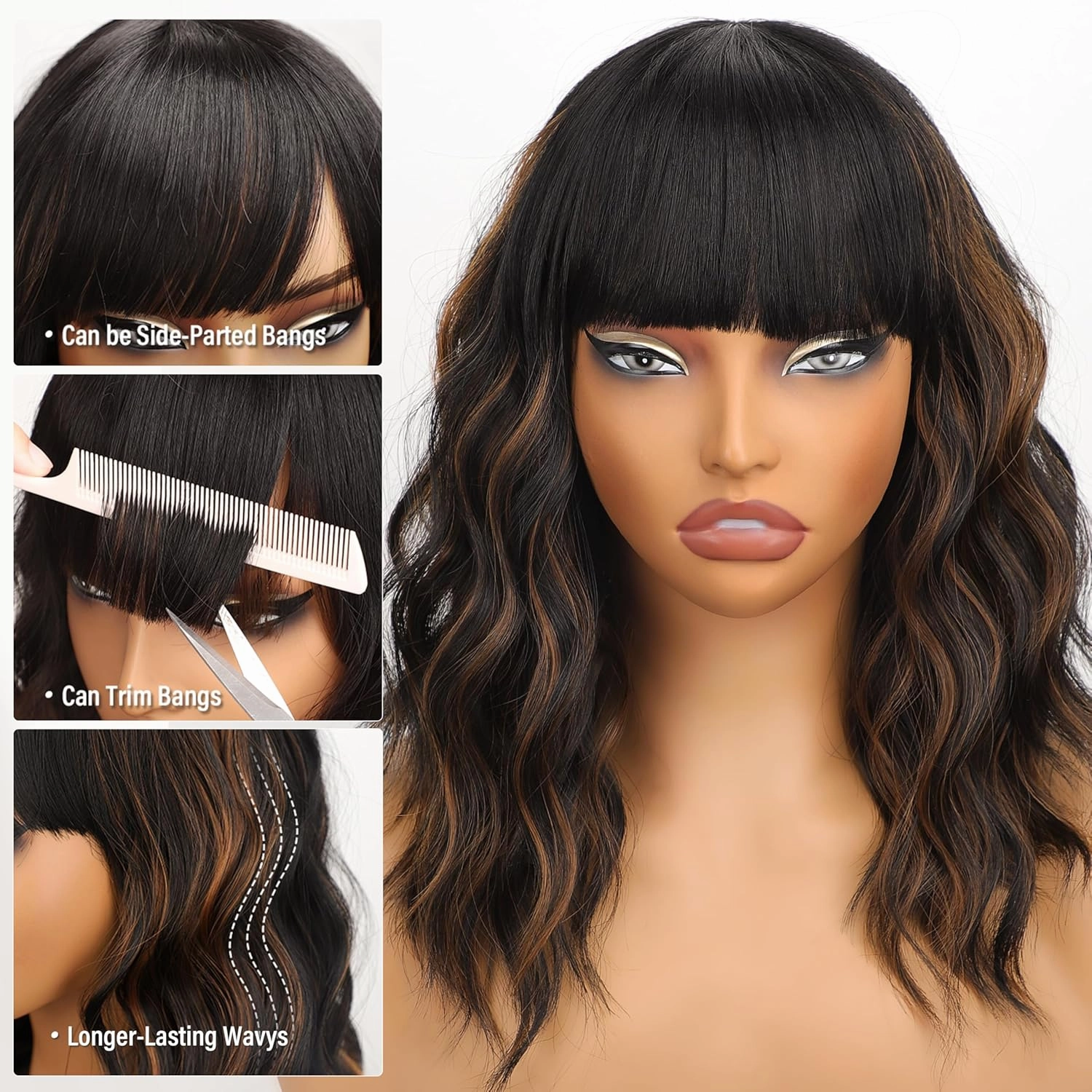Nnzes Black Mixed Brown Wig with Bangs Short Bob Wavy Wigs Synthetic Curly Wig for Women Natural Looking Heat Resistant Fiber Hair for Daily Party Use