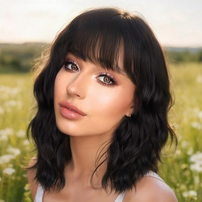 Nnzes Black Wavy Wigs with Bangs Women’s Short Black Bob Wig Synthetic Natural Looking Heat Resistant Fiber Hair