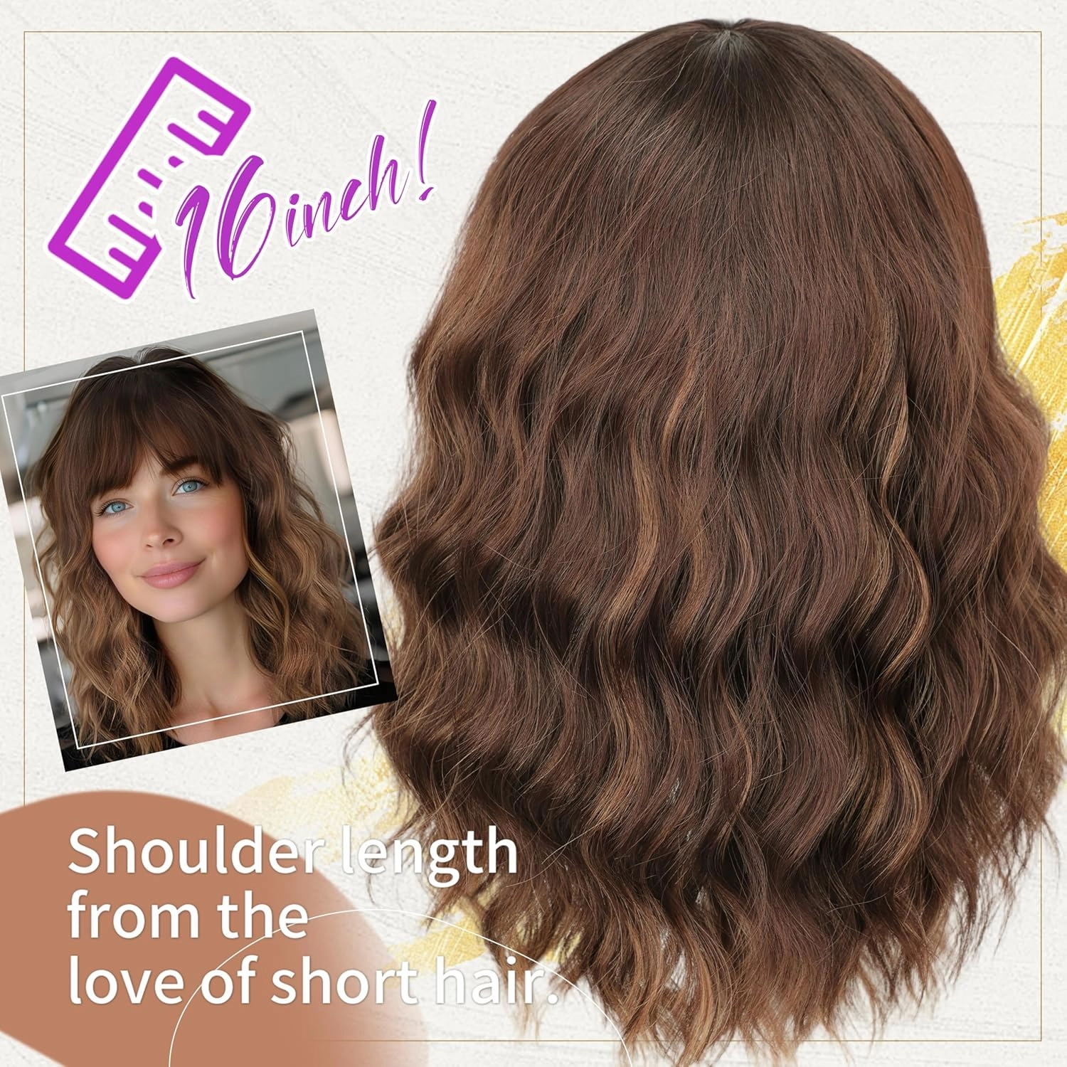 Nnzes Short Wavy Bob Wig with Bangs for Women Shoulder Length Curly Ombre Brown Highlight Synthetic Heat-Resistant Fiber Hair for Daily & Party Use