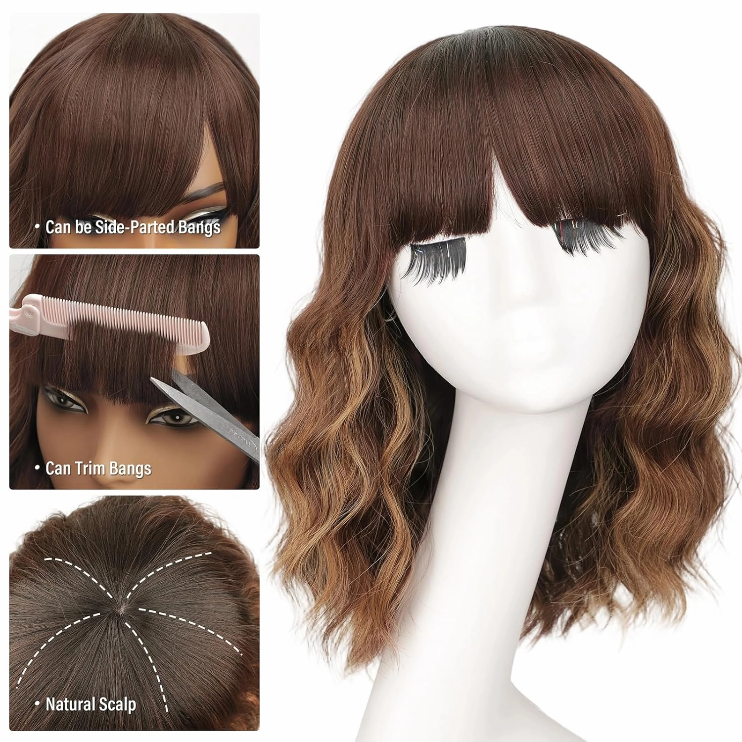 Nnzes Short Wavy Bob Wig with Bangs for Women Shoulder Length Curly Ombre Brown Highlight Synthetic Heat-Resistant Fiber Hair for Daily & Party Use
