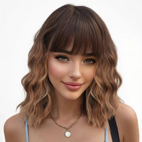 Nnzes Short Wavy Bob Wig with Bangs for Women Shoulder Length Curly Ombre Brown Highlight Synthetic Heat-Resistant Fiber Hair for Daily & Party Use
