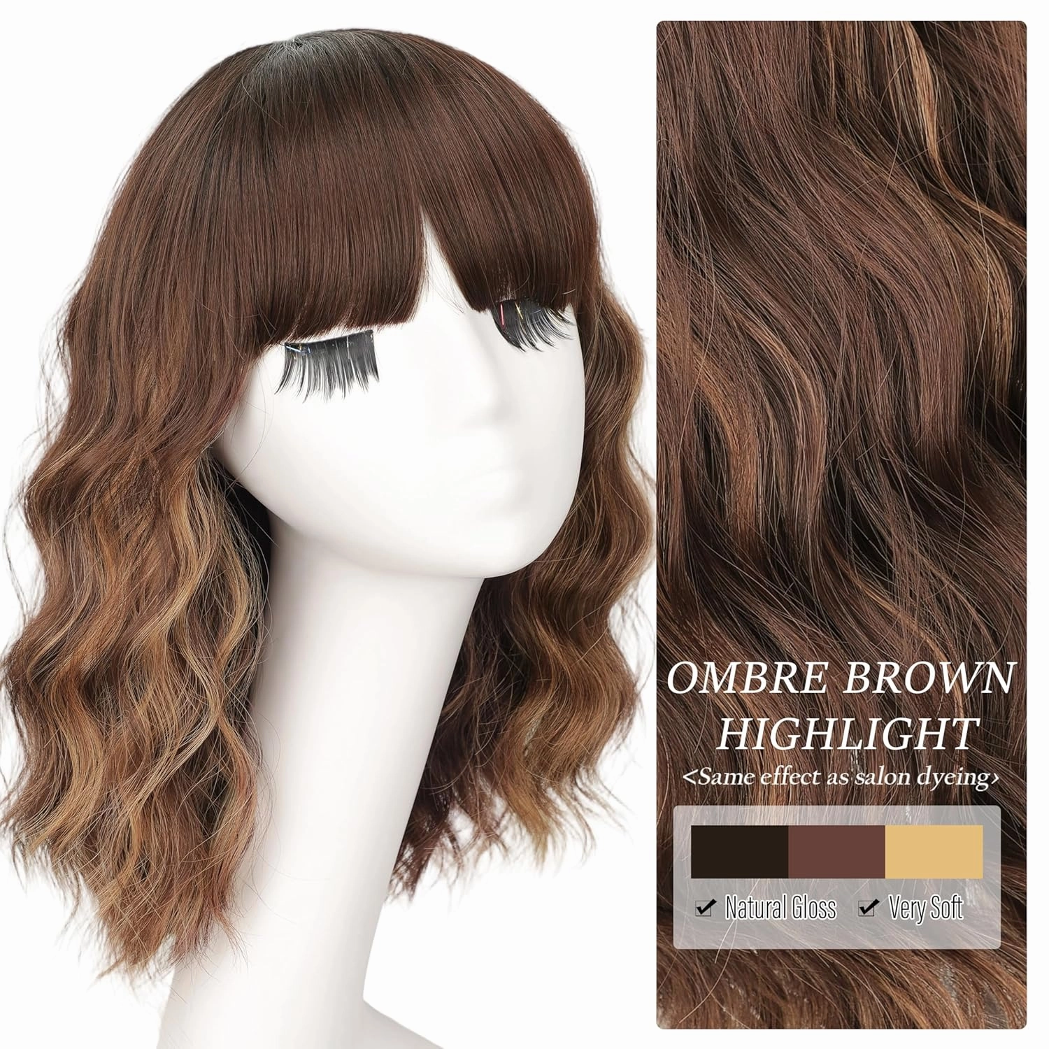 Nnzes Short Wavy Bob Wig with Bangs for Women Shoulder Length Curly Ombre Brown Highlight Synthetic Heat-Resistant Fiber Hair for Daily & Party Use