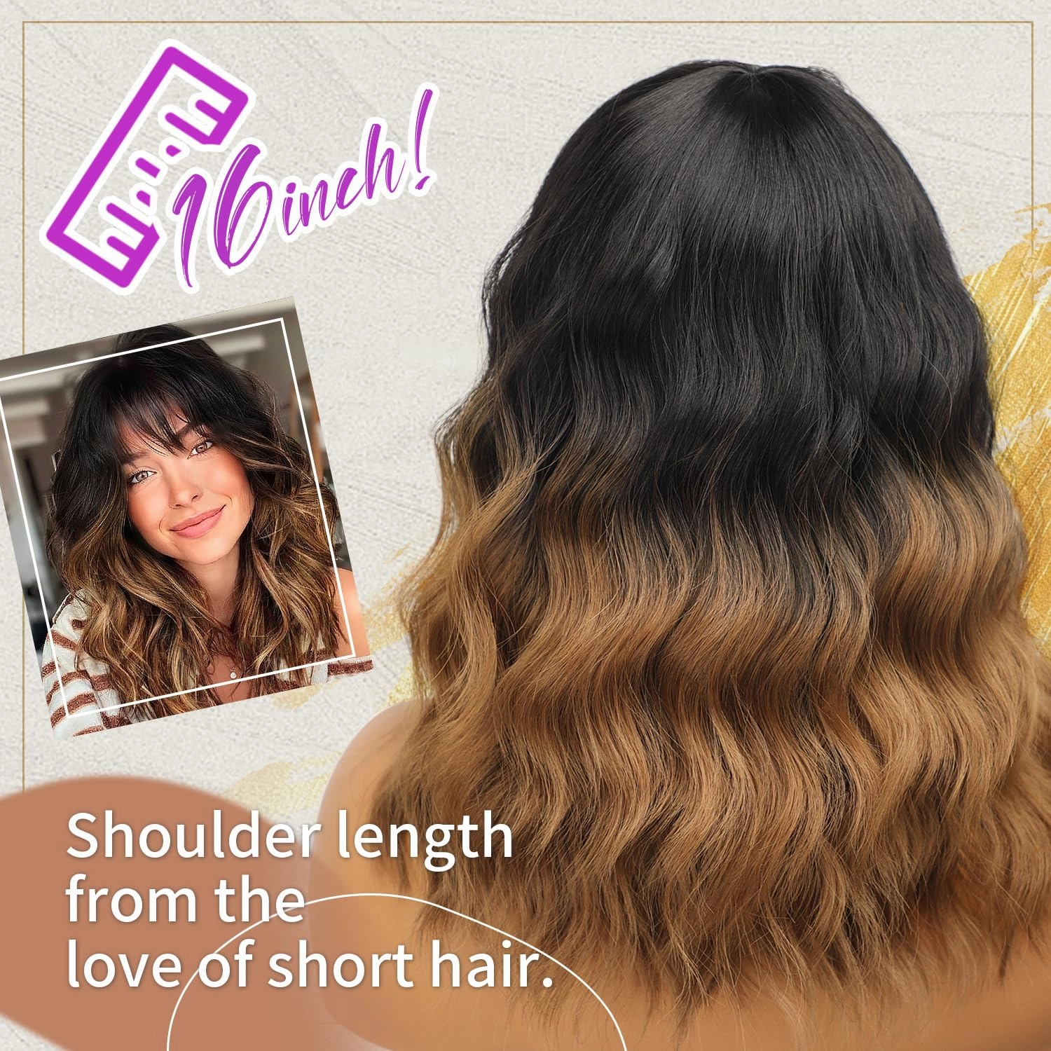 Nnzes Short Wavy Wig with Bangs for Women Shoulder Length Bob Curly Women's Charming Synthetic Wigs with Natural Wavy Black To Brown Heat Resistant Hair for Daily Party Use