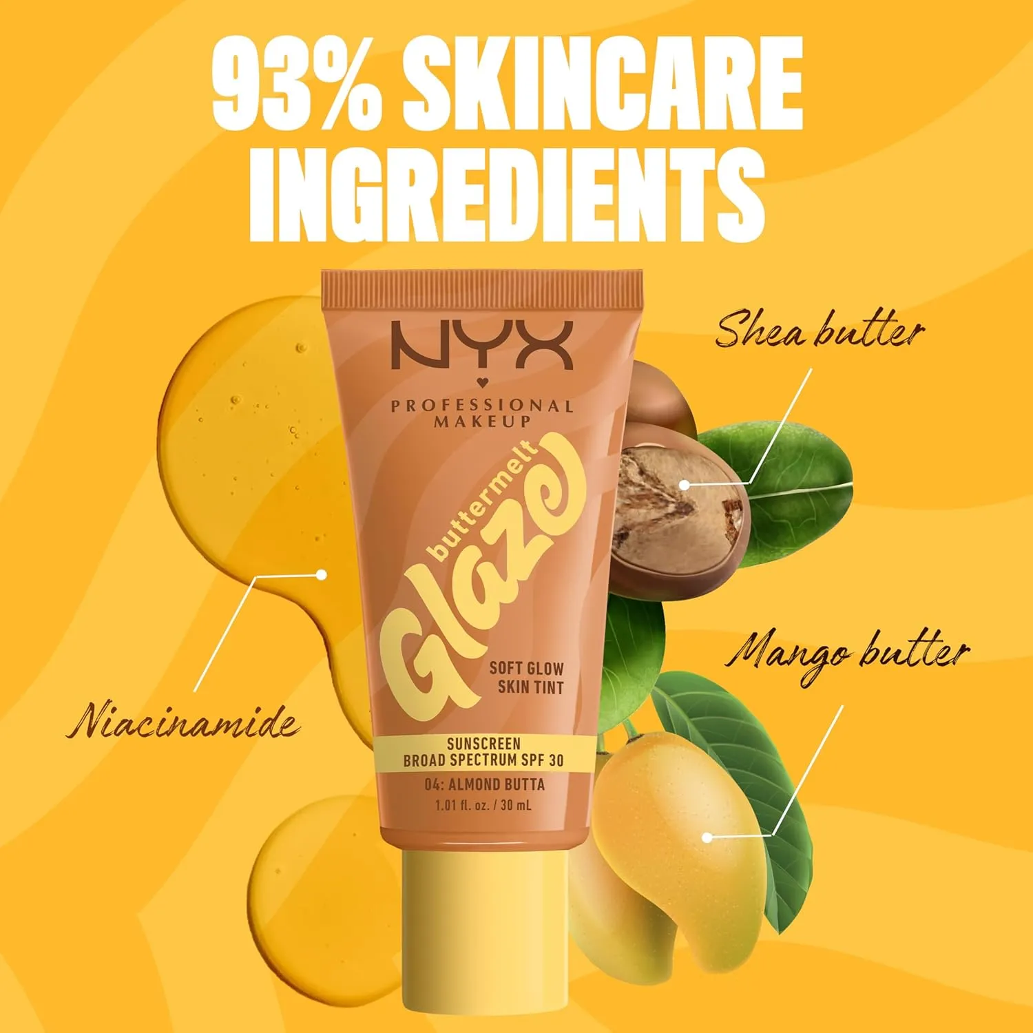 NYX PROFESSIONAL MAKEUP Buttermelt Glaze Soft Glow Skin Tint   SPF 30, Up To 12HR Wear, 04 Almond Butta