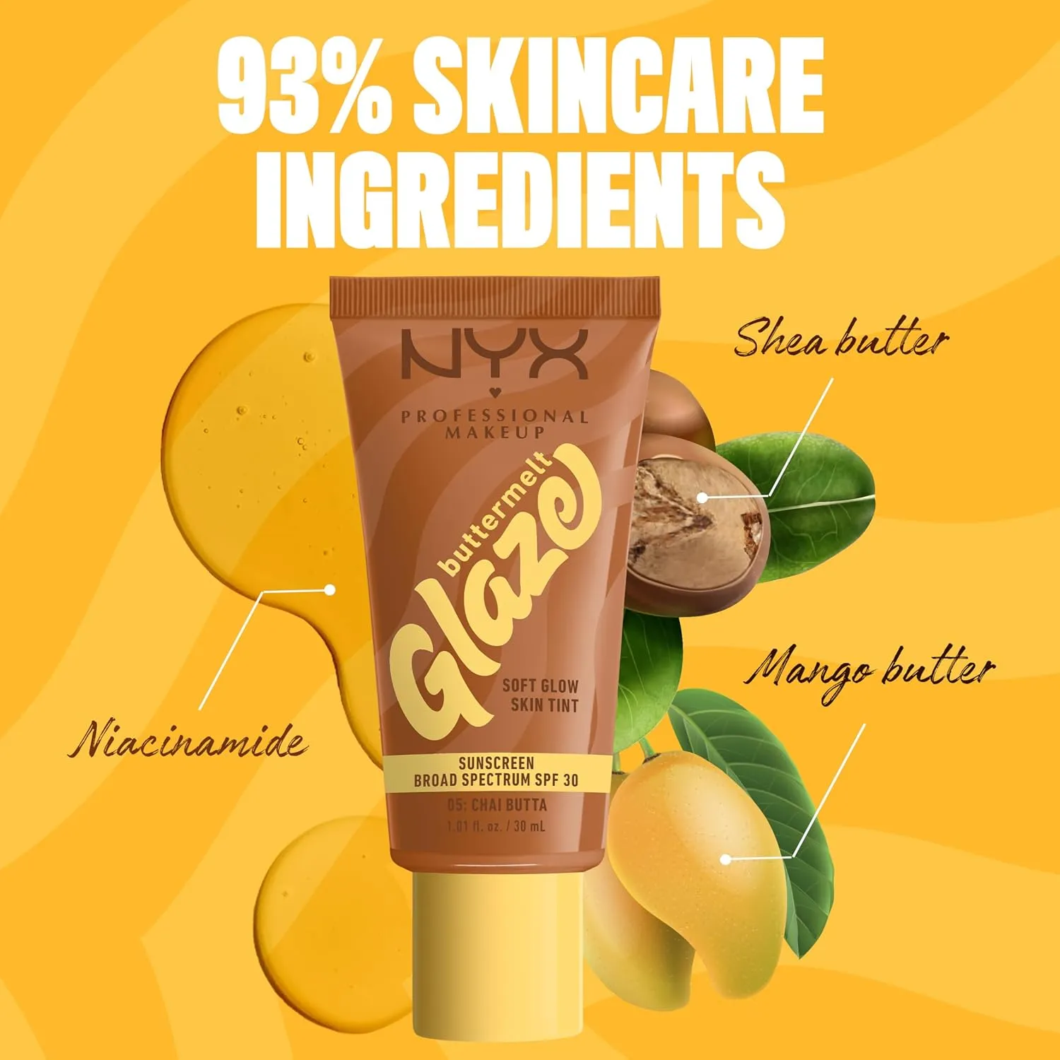 NYX PROFESSIONAL MAKEUP Buttermelt Glaze Soft Glow Skin Tint   SPF 30, Up To 12HR Wear, 05 Chai Butta