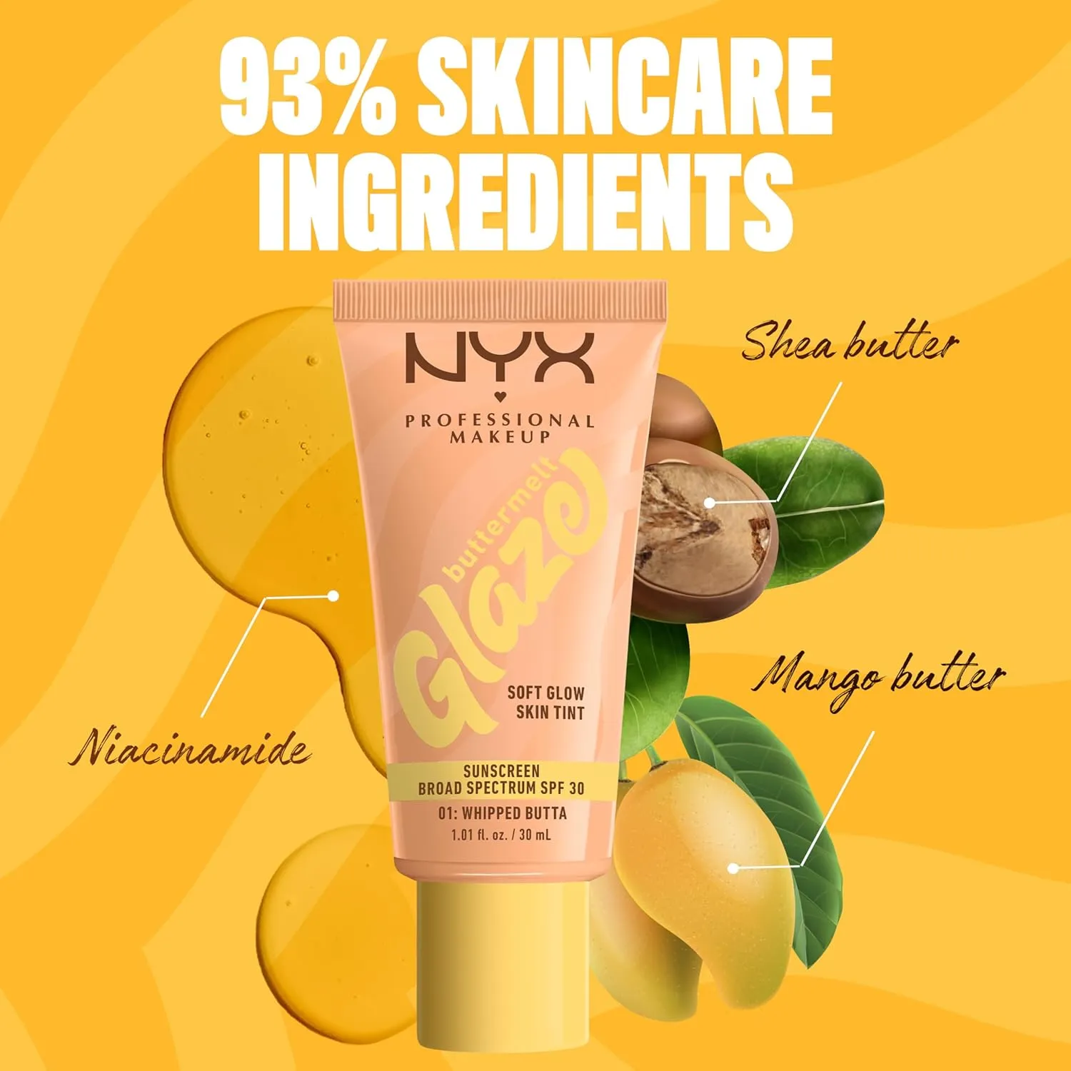 NYX PROFESSIONAL MAKEUP Buttermelt Glaze Soft Glow Skin Tint with SPF 30, Up To 12HR Wear, 01 Whipped Butta