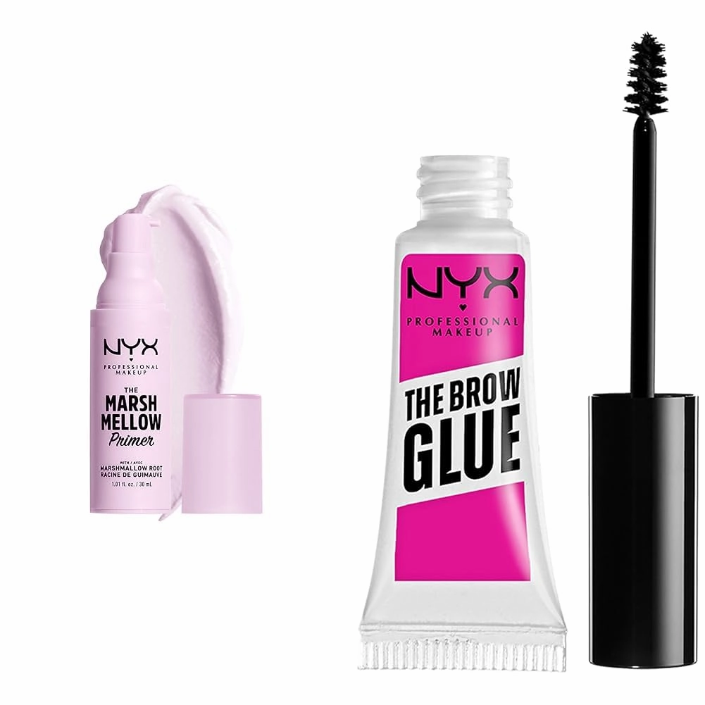 NYX PROFESSIONAL MAKEUP Marshmellow Smoothing Primer, Vegan Face Primer, 10-In-1 Skin Benefits & The Brow Glue, Extreme Hold Eyebrow Gel - Clear