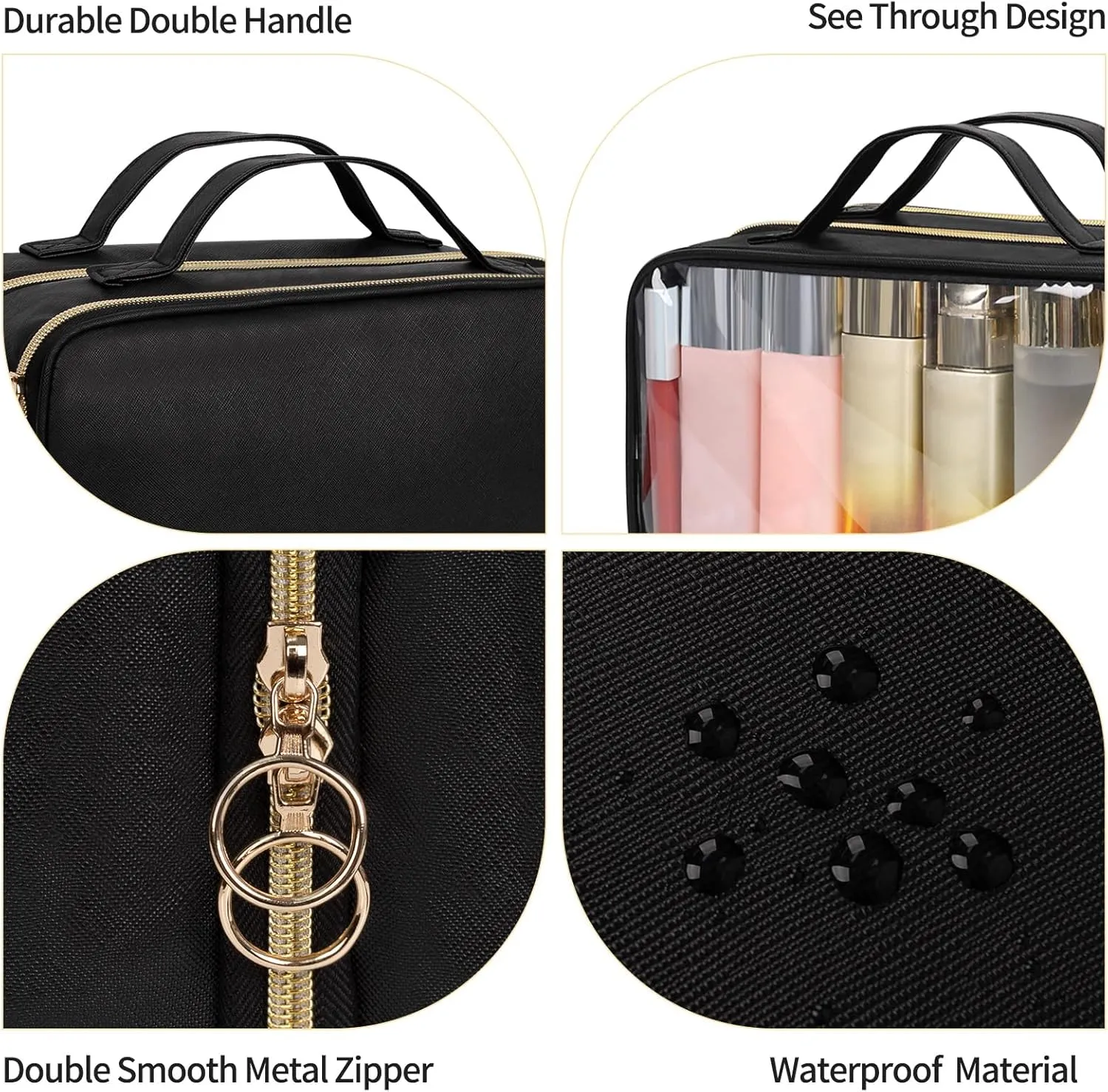 OCHEAL Travel Toiletry Bag, Double Layer Clear Makeup Bag Organizer Large Capacity Cosmetic Bag for Traveling Women Beauty Essentials, Multiple Compartments Makeup Case- Black