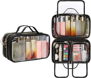 OCHEAL Travel Toiletry Bag, Double Layer Clear Makeup Bag Organizer Large Capacity Cosmetic Bag for Traveling Women Beauty Essentials, Multiple Compartments Makeup Case- Black
