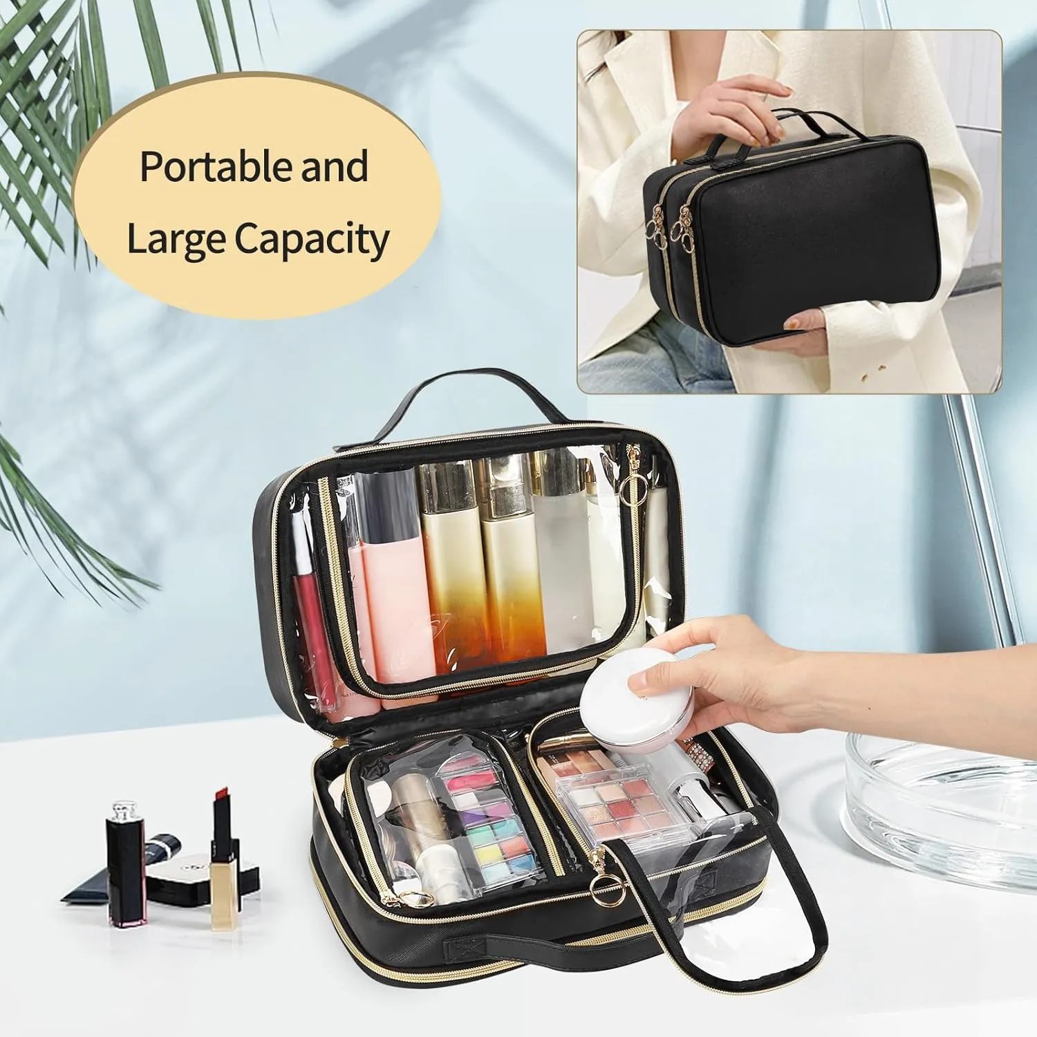 OCHEAL Travel Toiletry Bag, Double Layer Clear Makeup Bag Organizer Large Capacity Cosmetic Bag for Traveling Women Beauty Essentials, Multiple Compartments Makeup Case- Black