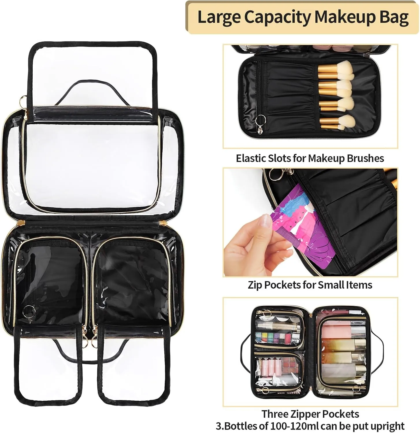 OCHEAL Travel Toiletry Bag, Double Layer Clear Makeup Bag Organizer Large Capacity Cosmetic Bag for Traveling Women Beauty Essentials, Multiple Compartments Makeup Case- Black