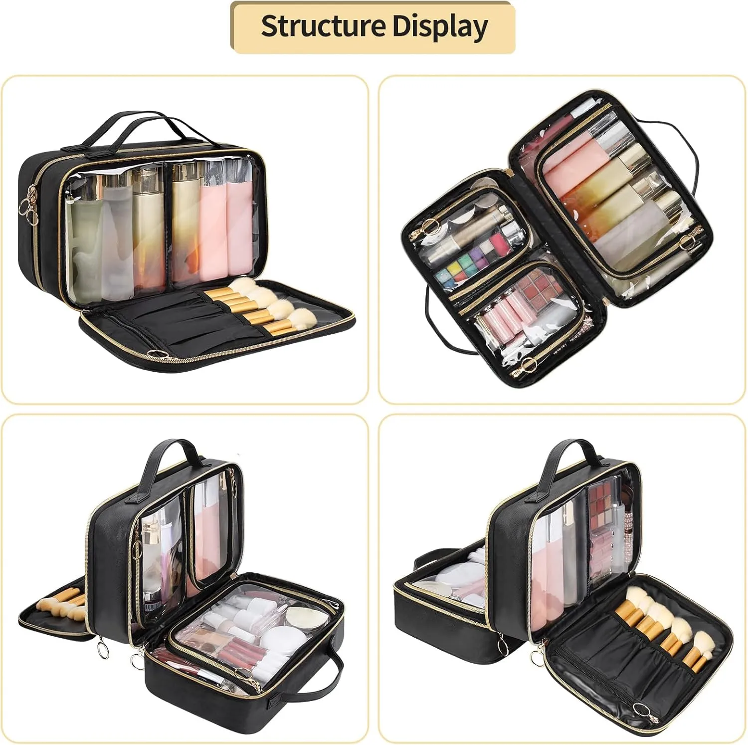 OCHEAL Travel Toiletry Bag, Double Layer Clear Makeup Bag Organizer Large Capacity Cosmetic Bag for Traveling Women Beauty Essentials, Multiple Compartments Makeup Case- Black