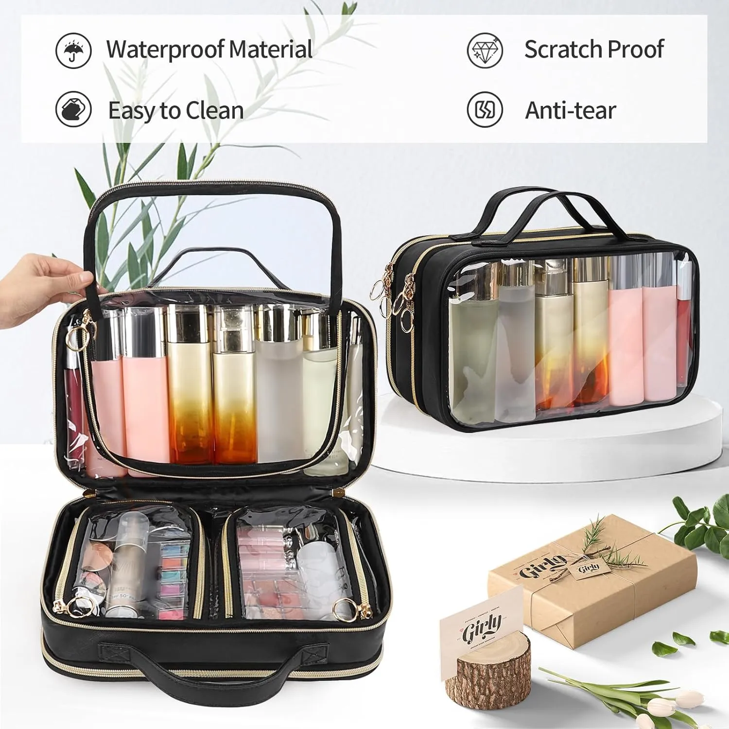 OCHEAL Travel Toiletry Bag, Double Layer Clear Makeup Bag Organizer Large Capacity Cosmetic Bag for Traveling Women Beauty Essentials, Multiple Compartments Makeup Case- Black