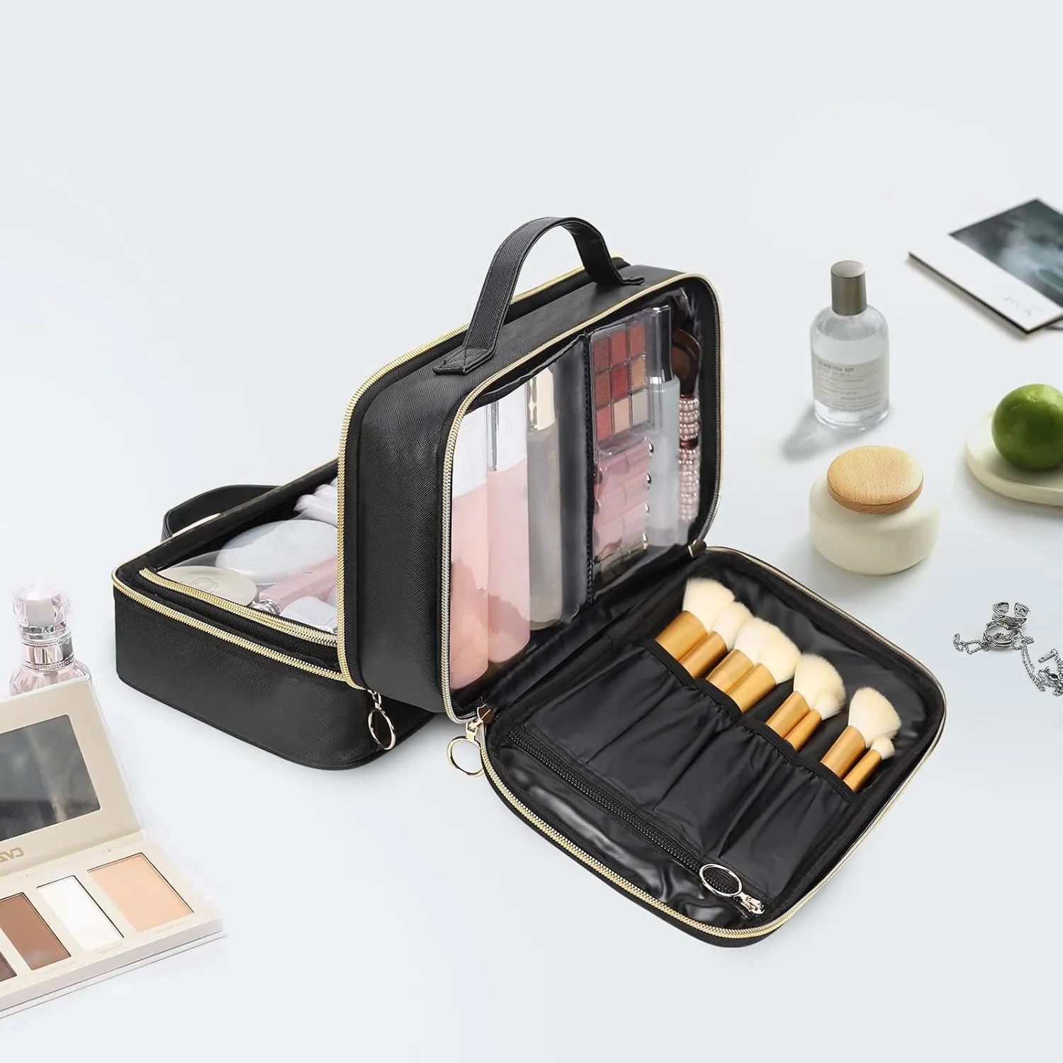 OCHEAL Travel Toiletry Bag, Double Layer Clear Makeup Bag Organizer Large Capacity Cosmetic Bag for Traveling Women Beauty Essentials, Multiple Compartments Makeup Case- Black