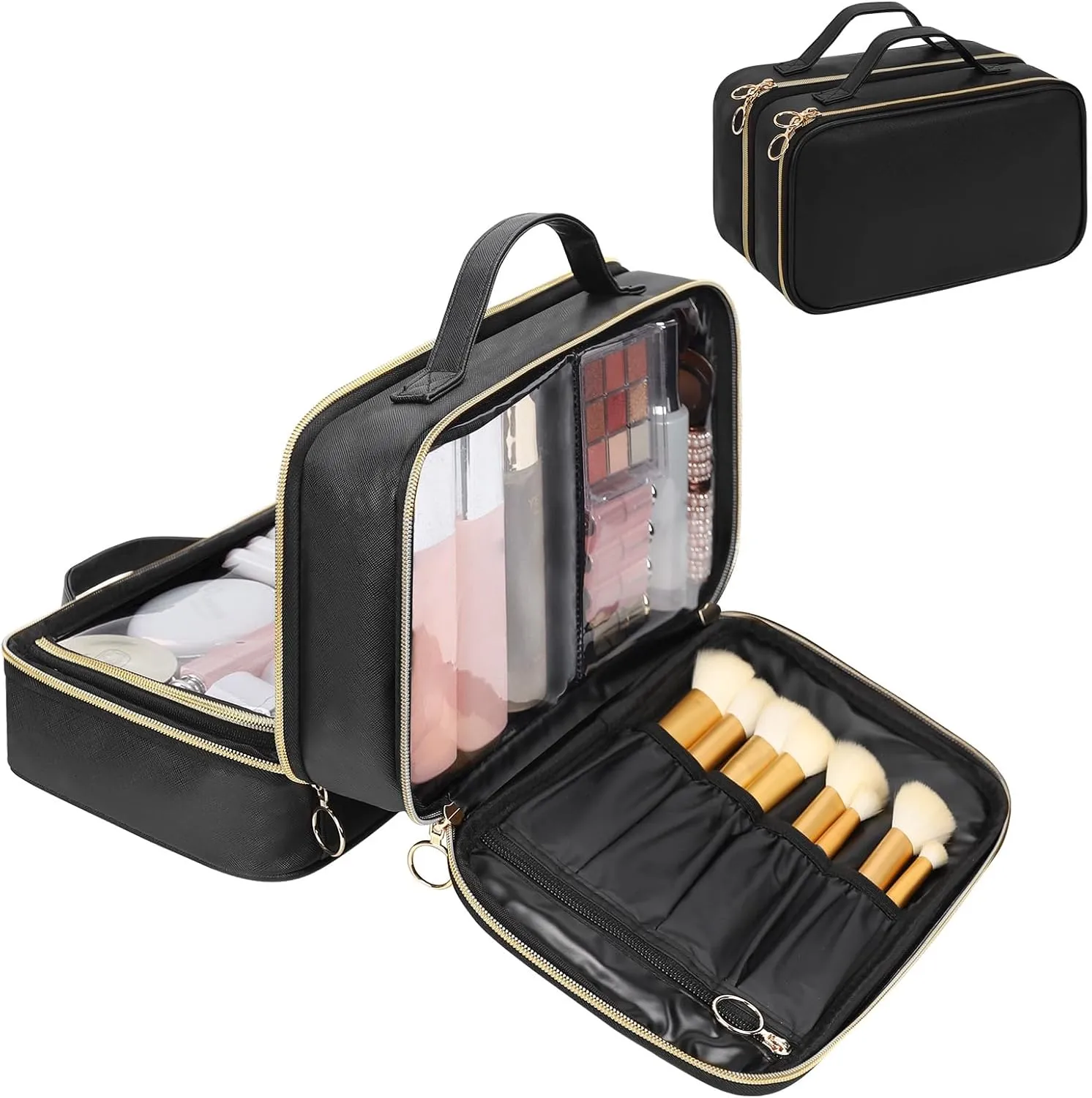OCHEAL Travel Toiletry Bag, Double Layer Clear Makeup Bag Organizer Large Capacity Cosmetic Bag for Traveling Women Beauty Essentials, Multiple Compartments Makeup Case- Black