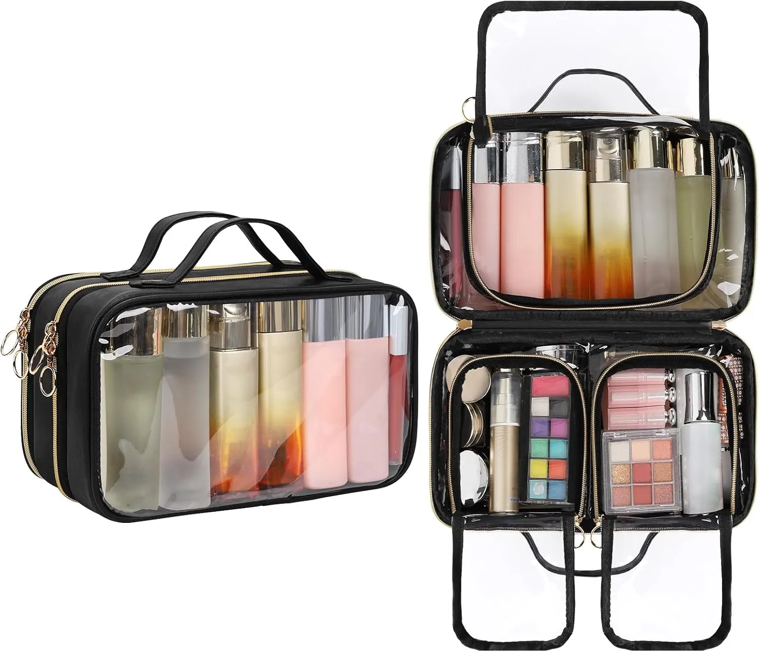 OCHEAL Travel Toiletry Bag, Double Layer Clear Makeup Bag Organizer Large Capacity Cosmetic Bag for Traveling Women Beauty Essentials, Multiple Compartments Makeup Case- Black