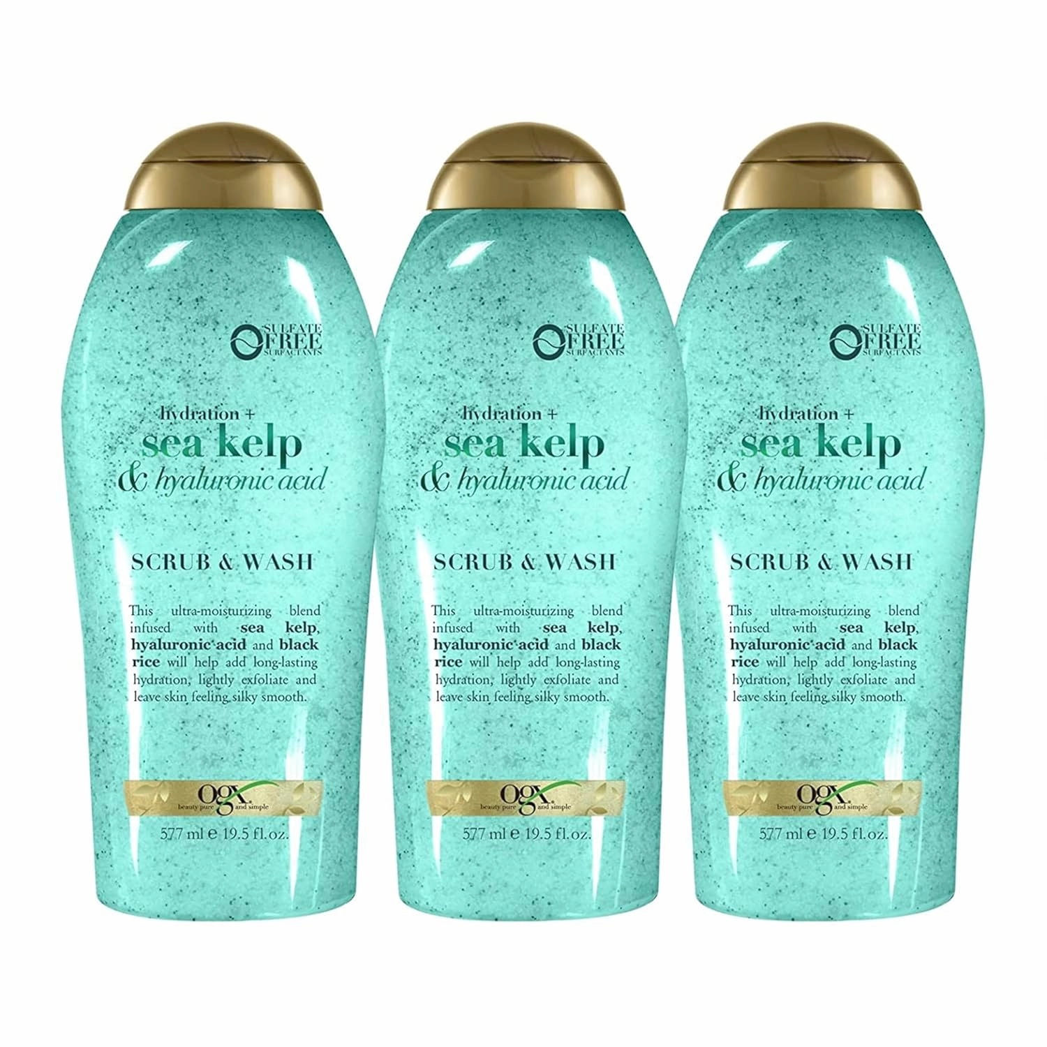 OGX Hydration   Sea Kelp & Hyaluronic Acid Sulfate-Free Lightly Moisturizing Body Scrub with Black Rice, Gentle Exfoliating Daily Body Wash to Soften & Smooth Skin, 19.5 Fl Oz (pack of 3)