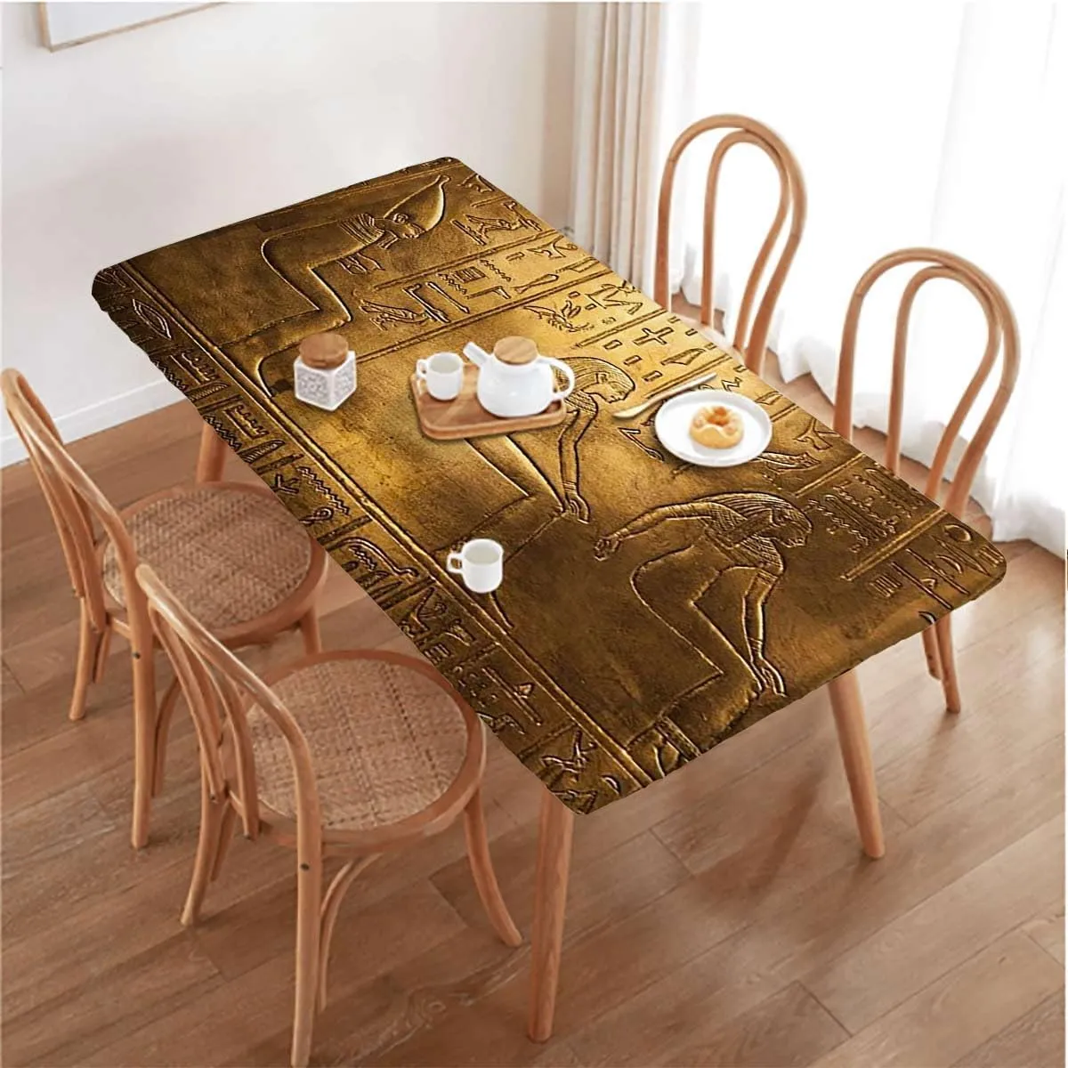 Old Coffee Brown Elastic Edge Fitted Table Cloth, Egypt Hieroglyphics Rectangular Fitted Picnic Folding Table Cover Outdoor tablecloths Egyptian Print Fits up 5 Foot Tables