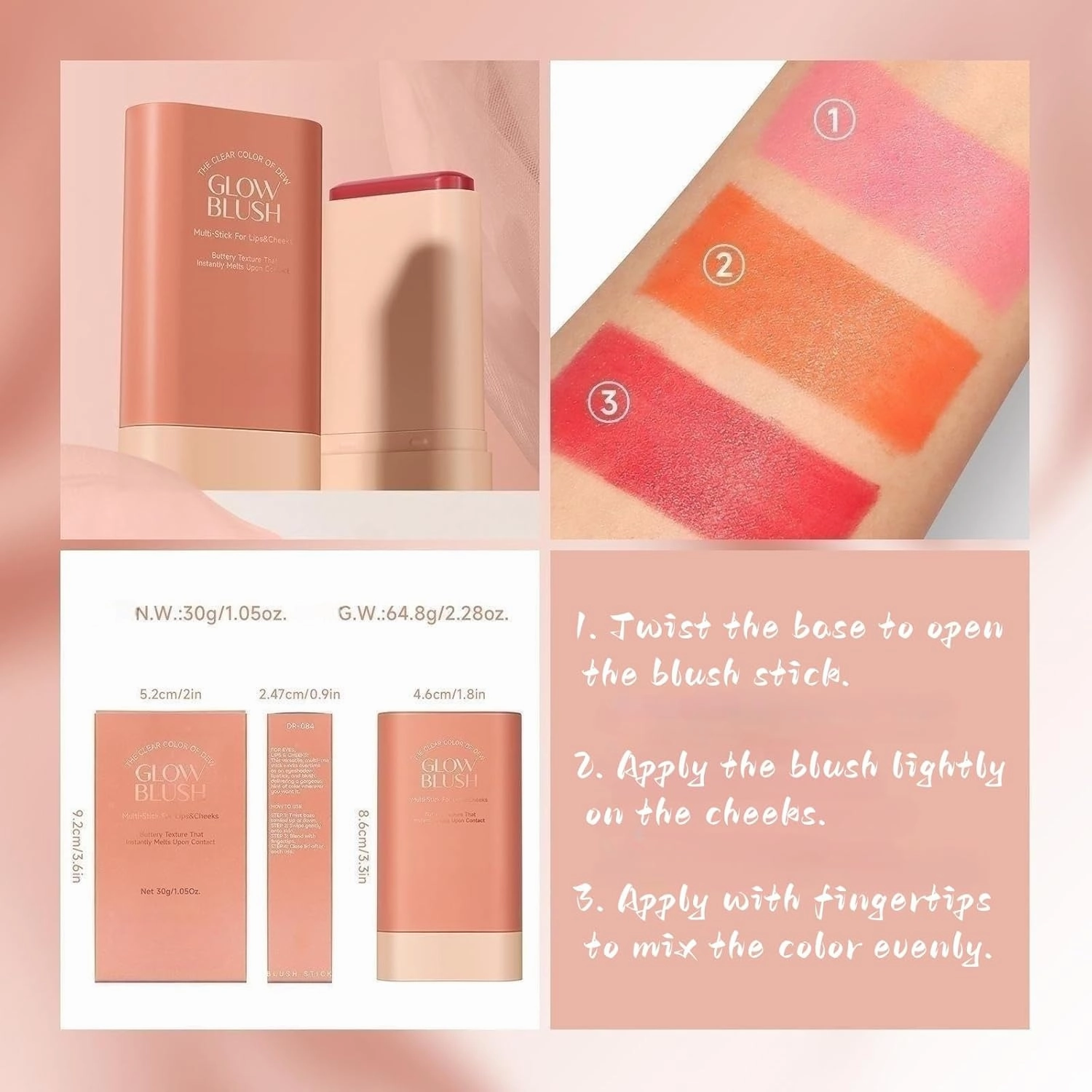 On the Go Makeup natural makeup powder blusher stick lasting natural nude makeup cream makeup makeup powder blusher stick coloring moisturizing stick (3PC)