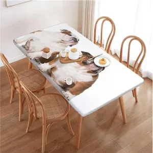 OOzie Brown Cream Elastic Fitted Tablecloth English Bulldog Sad Tired Table Cloth for Indoor Outdoor Picnic Parties Dog Lover Decor Fits up 5 Foot Tables