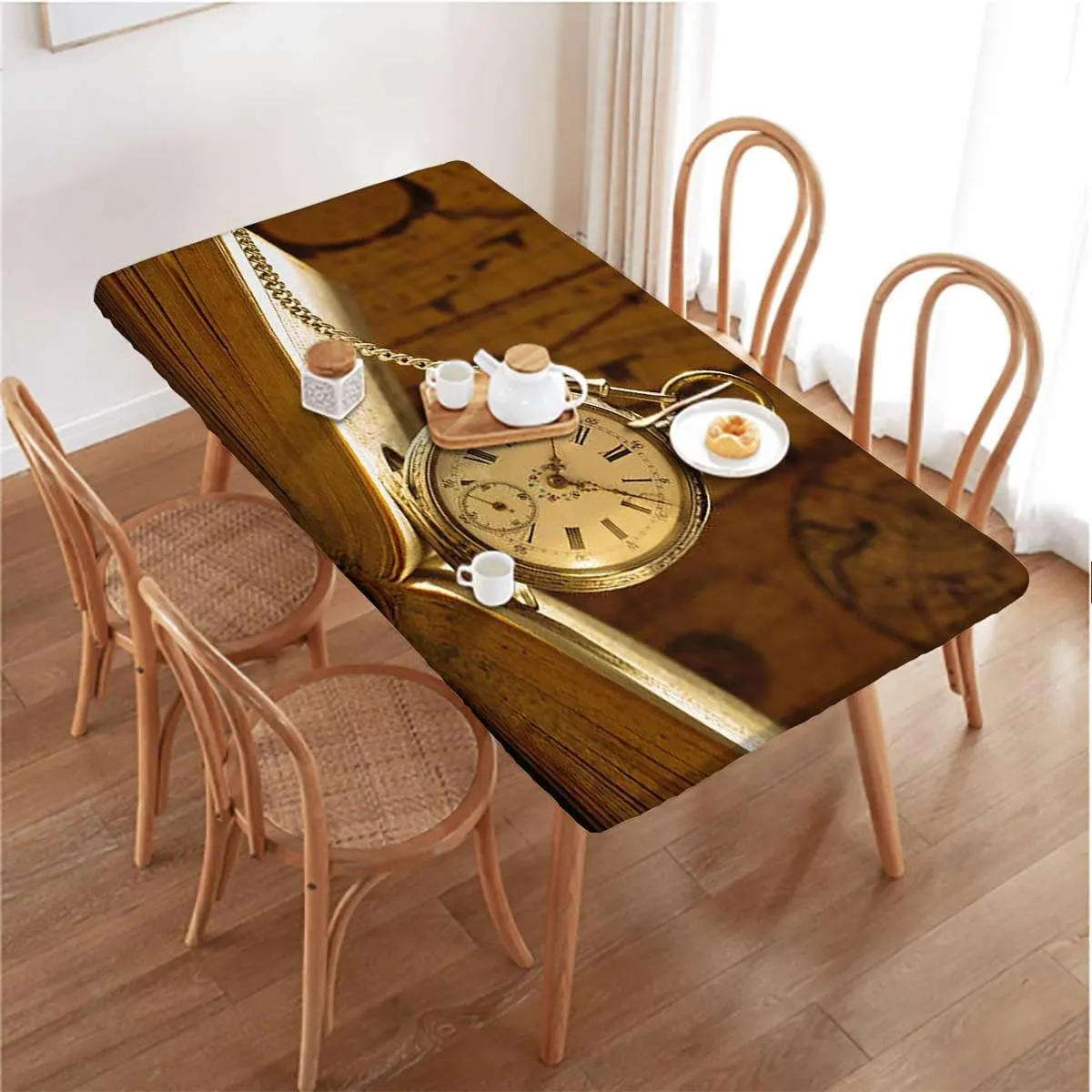 OOzie Brown Rectangular Table Covers, Pocket Watches on Chain Romantic Retro Art Print Elastic Edged Table Cover for Farm Kitchen Dining Picnic Coffee Patio Decor Clock Fits up 4 Foot Tables