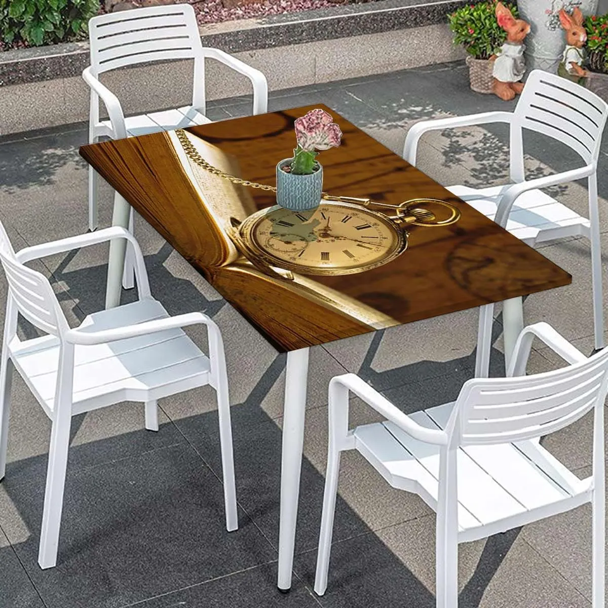 OOzie Brown Rectangular Table Covers, Pocket Watches on Chain Romantic Retro Art Print Elastic Edged Table Cover for Farm Kitchen Dining Picnic Coffee Patio Decor Clock Fits up 4 Foot Tables