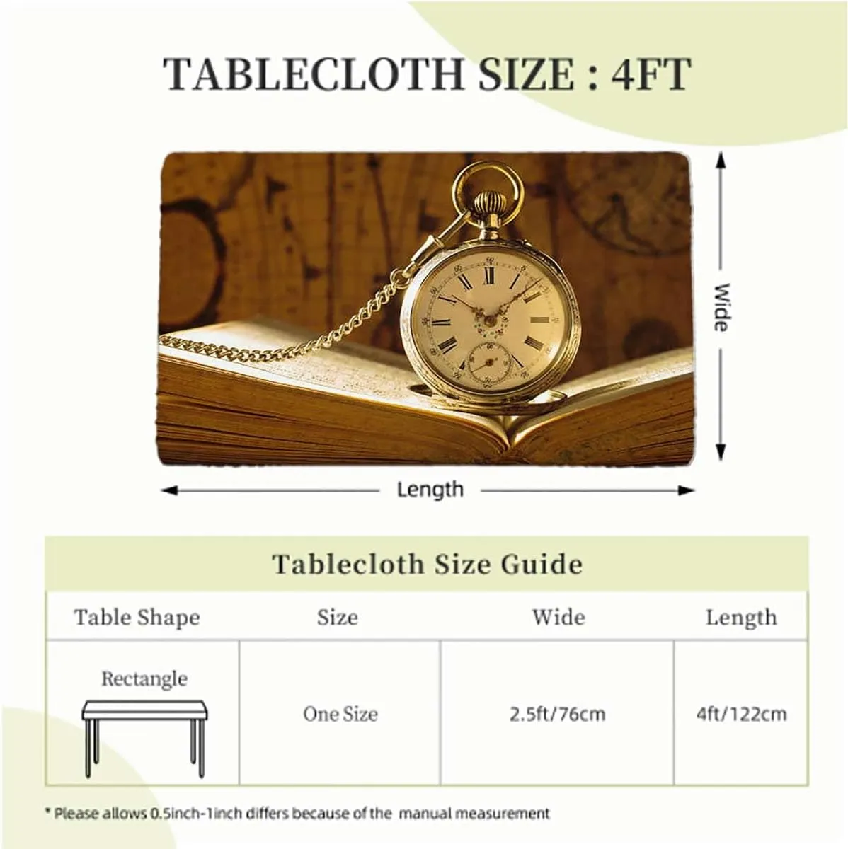 OOzie Brown Rectangular Table Covers, Pocket Watches on Chain Romantic Retro Art Print Elastic Edged Table Cover for Farm Kitchen Dining Picnic Coffee Patio Decor Clock Fits up 4 Foot Tables