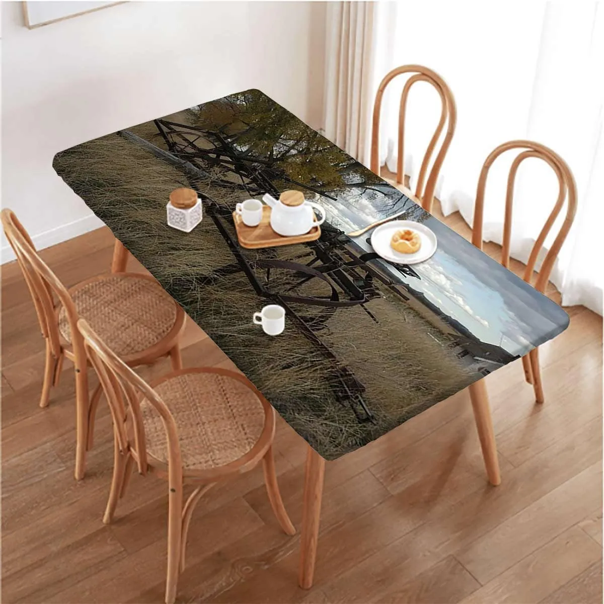OOzie Green Brown Fitted Table Cover for Square Tables Barn Wood Wagon Wheel Old Prairie Cart Tablecloth ​Suitable for Camping Party and Picnic,for 5 Foot Tables Countryside