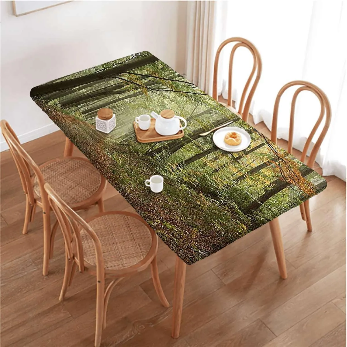 OOzie Green Brown Fitted Table Cover for Square Tables Forest Pathway in The Mountains Scene Elastic Edged Table Cover for Indoor Outdoor Patio Picnic Autumnal Fits up 4 Foot Tables