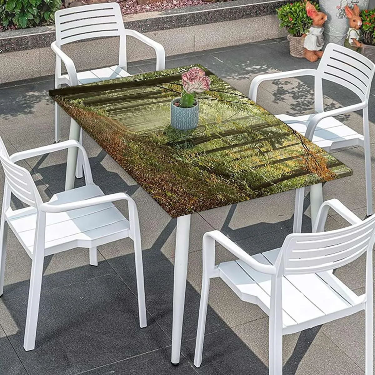 OOzie Green Brown Fitted Table Cover for Square Tables Forest Pathway in The Mountains Scene Elastic Edged Table Cover for Indoor Outdoor Patio Picnic Autumnal Fits up 4 Foot Tables