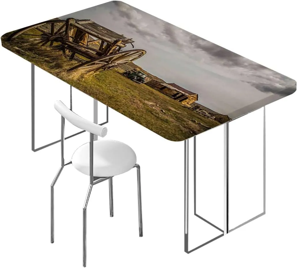 OOzie Green Brown Grey Rectangle Table Cloth Cover, Old Prairie Field Ranch Waterproof Tablecloths for Picnic, Camping, Indoor, Outdoor Barn Wood Wagon Fits up 5 Foot Tables