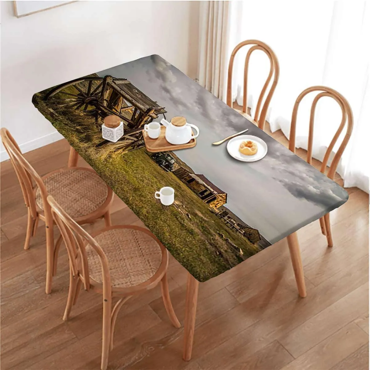 OOzie Green Brown Grey Rectangle Table Cloth Cover, Old Prairie Field Ranch Waterproof Tablecloths for Picnic, Camping, Indoor, Outdoor Barn Wood Wagon Fits up 5 Foot Tables