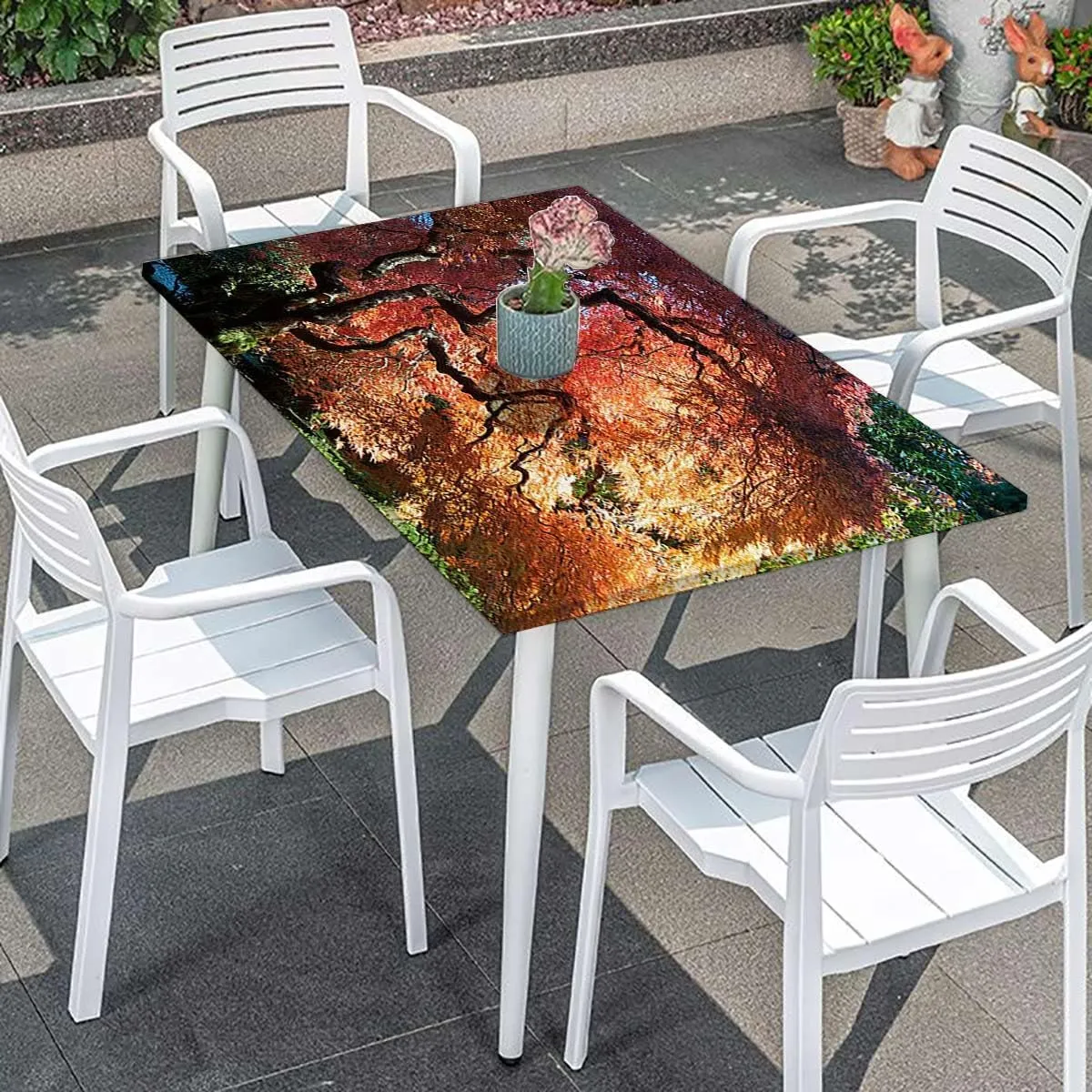 Orange Brown Elastic Tablecloth Deep Dark in The Forest Photo Rectangle Table Cover for Outdoor Picnic Camping Parties Maple Trees Fits up 5 Foot Tables