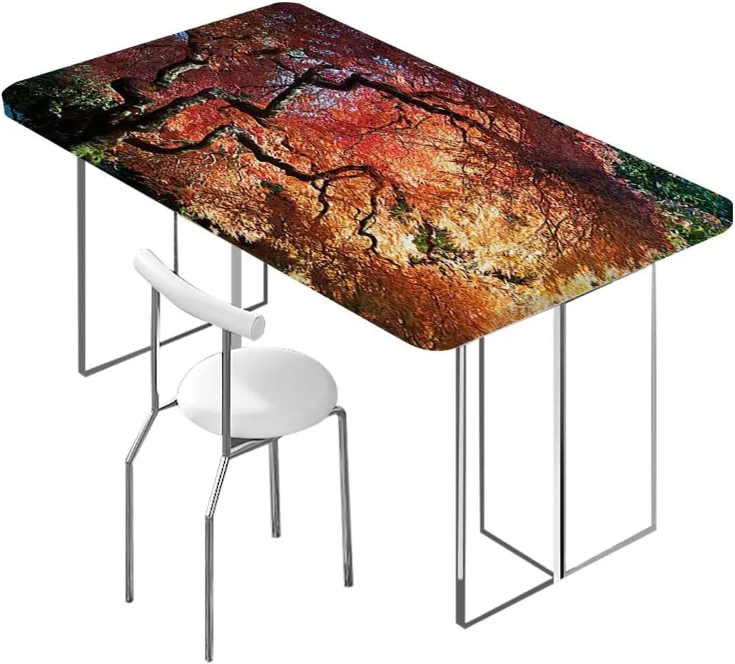 Orange Brown Elastic Tablecloth Deep Dark in The Forest Photo Rectangle Table Cover for Outdoor Picnic Camping Parties Maple Trees Fits up 5 Foot Tables