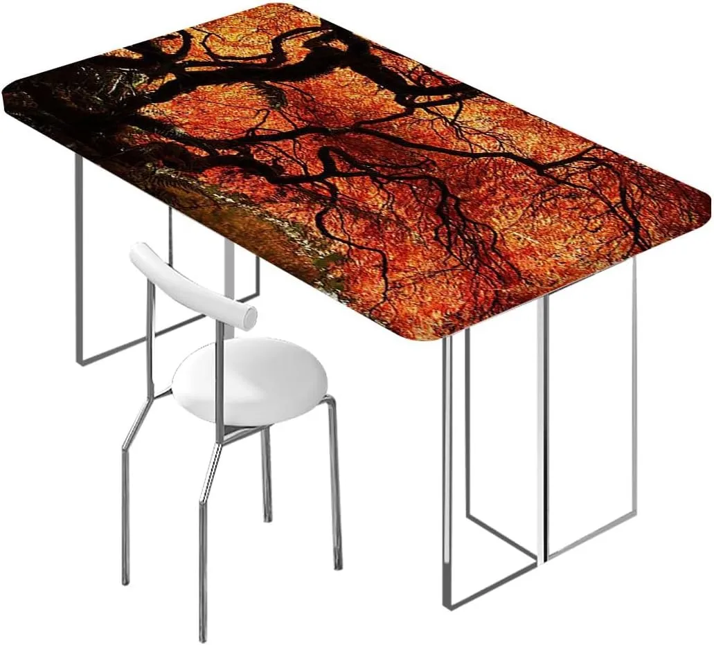 Orange Brown Fitted Tablecloth for Rectangle Table Deep Dark in The Forest Photo Waterproof Elastic Fitted Table Covers,Camping, Indoor, Outdoor Maple Trees Fits up 5 Foot Tables