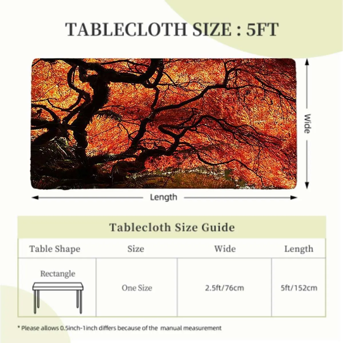 Orange Brown Fitted Tablecloth for Rectangle Table Deep Dark in The Forest Photo Waterproof Elastic Fitted Table Covers,Camping, Indoor, Outdoor Maple Trees Fits up 5 Foot Tables