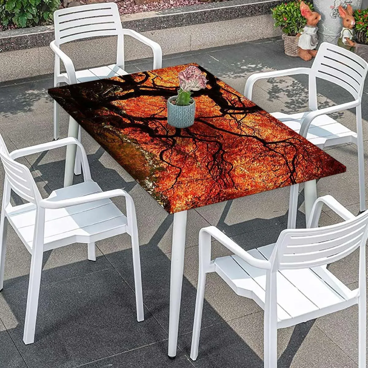 Orange Brown Fitted Tablecloth for Rectangle Table Deep Dark in The Forest Photo Waterproof Elastic Fitted Table Covers,Camping, Indoor, Outdoor Maple Trees Fits up 5 Foot Tables