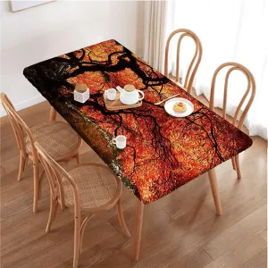 Orange Brown Fitted Tablecloth for Rectangle Table Deep Dark in The Forest Photo Waterproof Elastic Fitted Table Covers,Camping, Indoor, Outdoor Maple Trees Fits up 5 Foot Tables