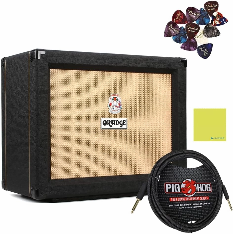 Orange PPC112C Guitar Speaker Cabinet 60W with 1x12 Guitar Cabinet Celestion Vintage 30 BLACK Bundle with Pig Hog "Black Woven" 10ft Instrument Cable, 12x Fender Guitar Picks & Polishing Cloth