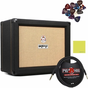 Orange PPC112C Guitar Speaker Cabinet 60W with 1x12 Guitar Cabinet Celestion Vintage 30 BLACK Bundle with Pig Hog "Black Woven" 10ft Instrument Cable, 12x Fender Guitar Picks & Polishing Cloth