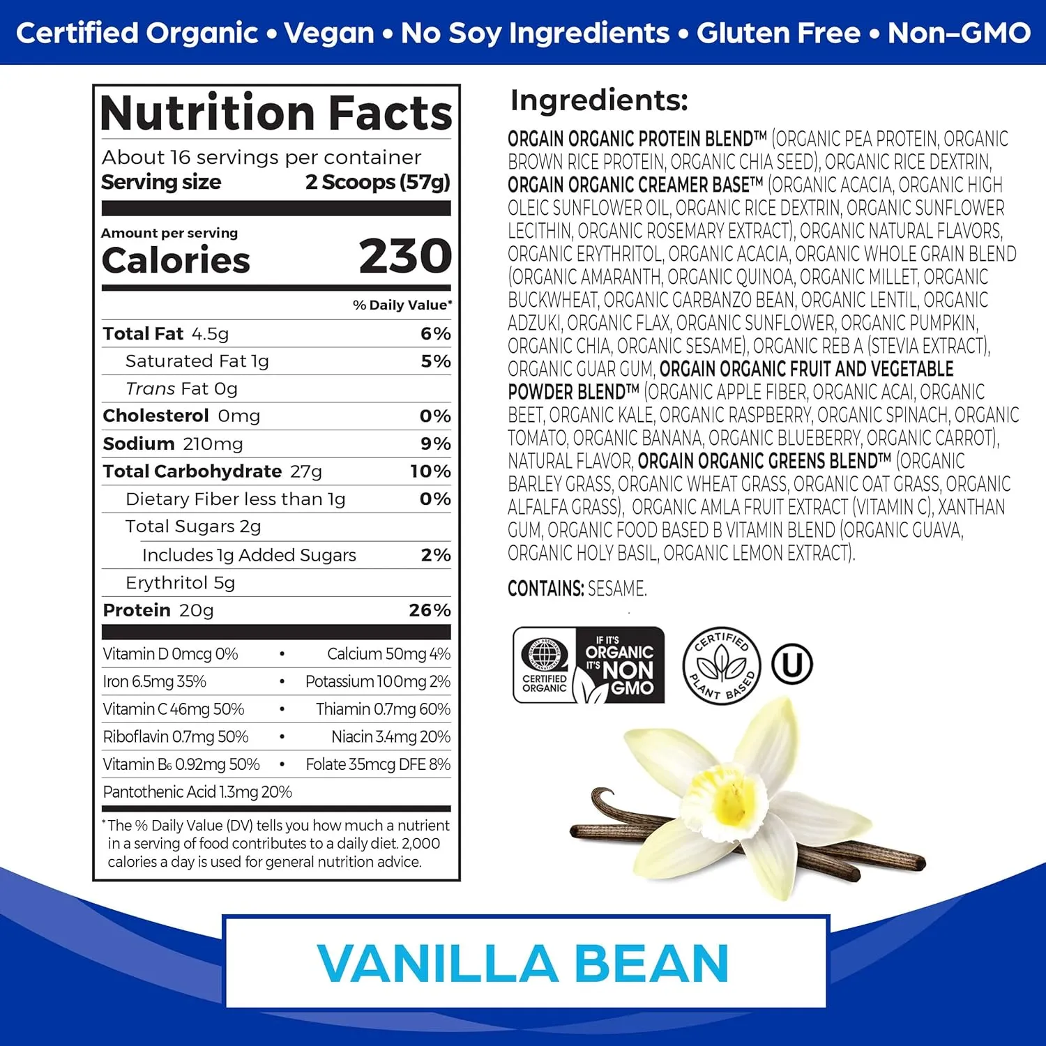 Orgain Organic Meal, Vegan Meal Replacement Protein Powder, Vanilla Bean - 20g Plant Based Protein, 6g Prebiotic Fiber, Fruits, Vegetables & Greens, Gluten Free, Shakes & Smoothies, 2.01lb