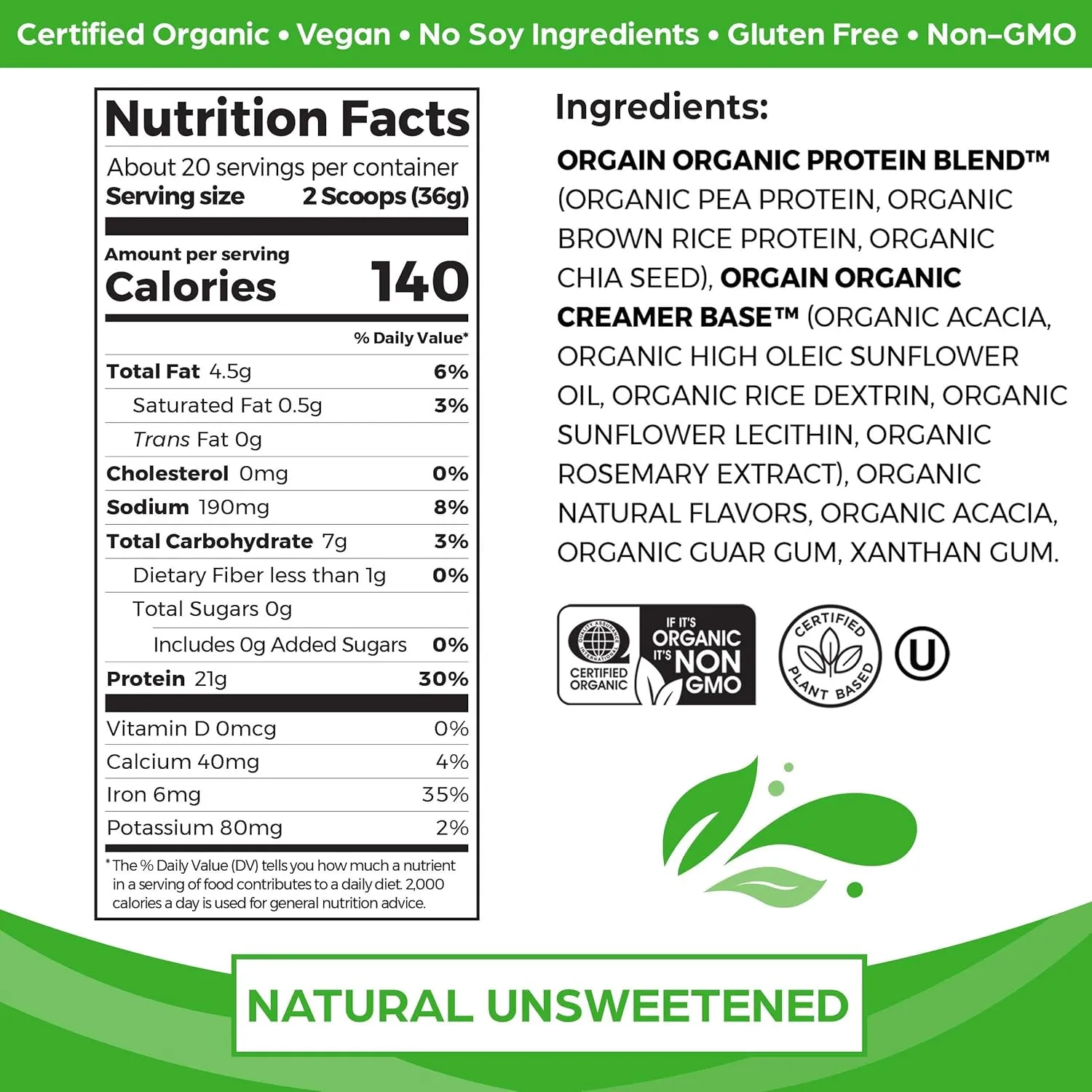 Orgain Organic Unflavored Vegan Protein Powder, Natural Unsweetened - 21g of Plant Based Protein, Non Dairy, Gluten Free, No Sugar Added, Soy Free, Non-GMO, 1.59 lb (Packaging May Vary)