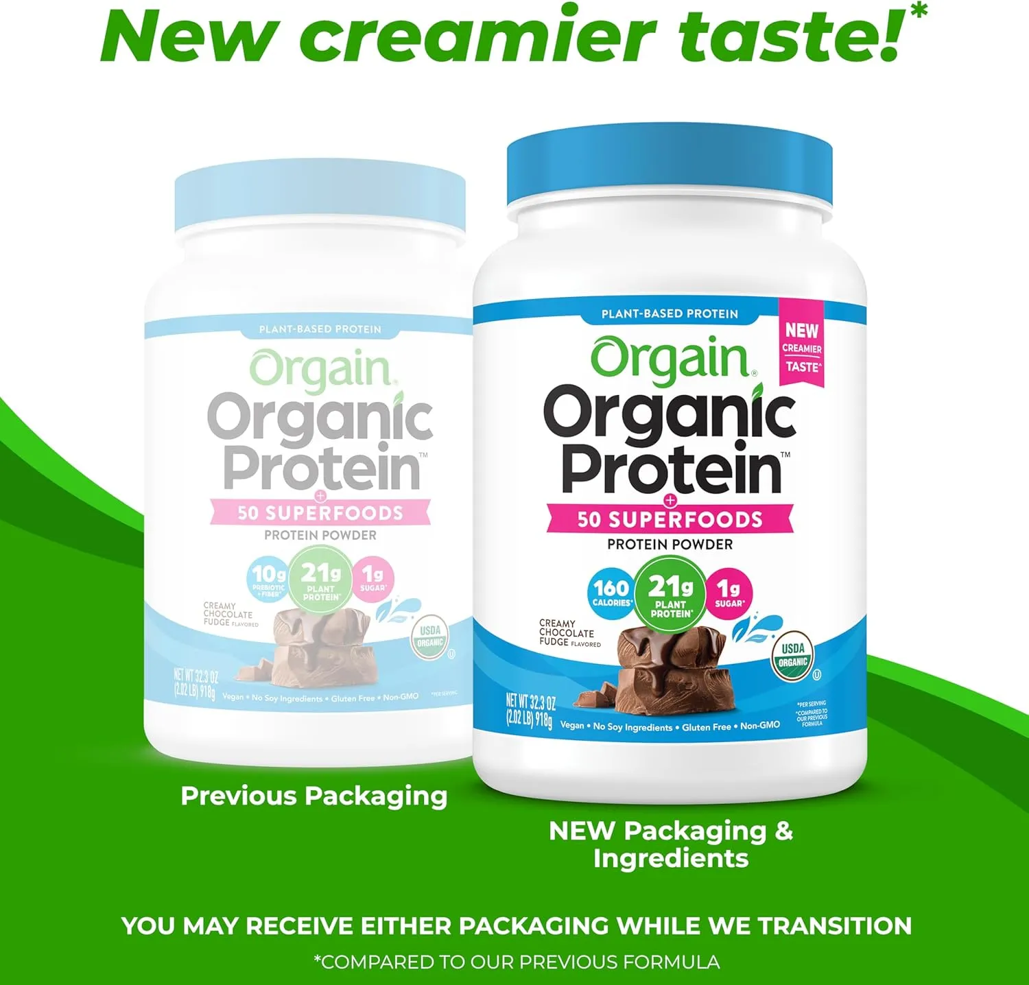 Orgain Organic Vegan Protein   50 Superfoods Powder, Creamy Chocolate Fudge - 21g Plant Based Protein, 9g Prebiotic Fiber, No Lactose, Gluten Free, No Added Sugar, 2.02 lb (Packaging May Vary)