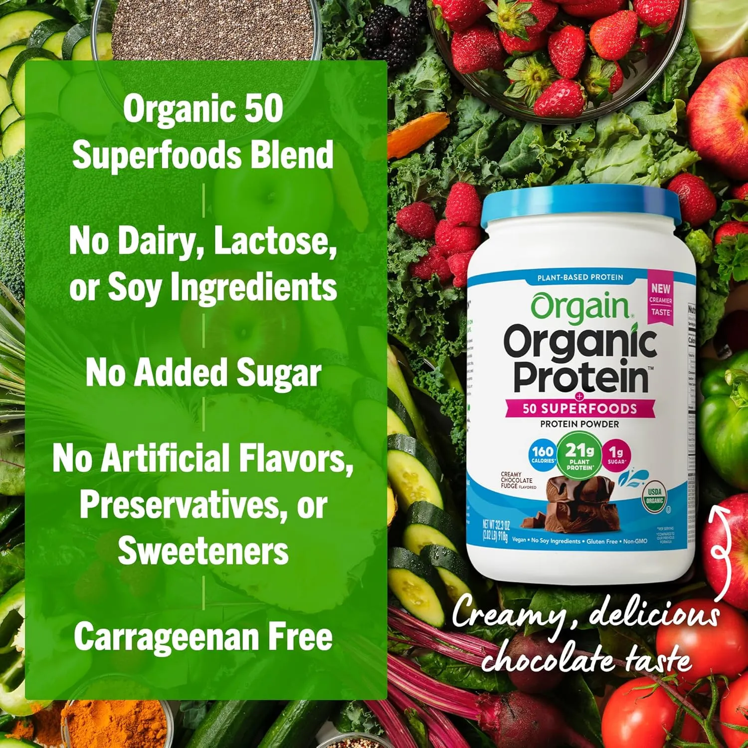 Orgain Organic Vegan Protein   50 Superfoods Powder, Creamy Chocolate Fudge - 21g Plant Based Protein, 9g Prebiotic Fiber, No Lactose, Gluten Free, No Added Sugar, 2.02 lb (Packaging May Vary)