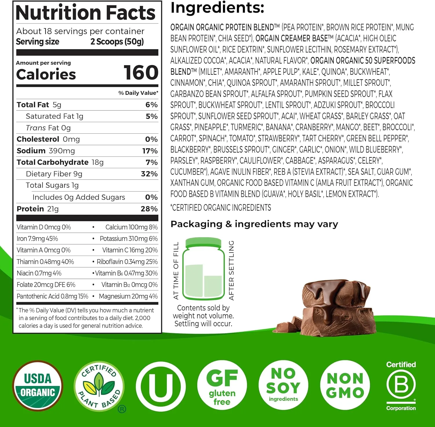 Orgain Organic Vegan Protein   50 Superfoods Powder, Creamy Chocolate Fudge - 21g Plant Based Protein, 9g Prebiotic Fiber, No Lactose, Gluten Free, No Added Sugar, 2.02 lb (Packaging May Vary)