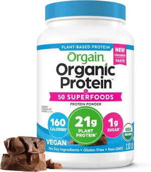 Orgain Organic Vegan Protein   50 Superfoods Powder, Creamy Chocolate Fudge - 21g Plant Based Protein, 9g Prebiotic Fiber, No Lactose, Gluten Free, No Added Sugar, 2.02 lb (Packaging May Vary)
